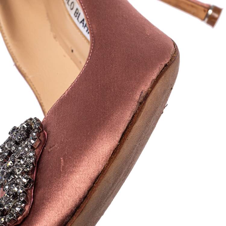 Pre Owned Manolo Blahnik Pink Satin Hangisi Crystal Embellished Pointed Toe Pumps Size 37