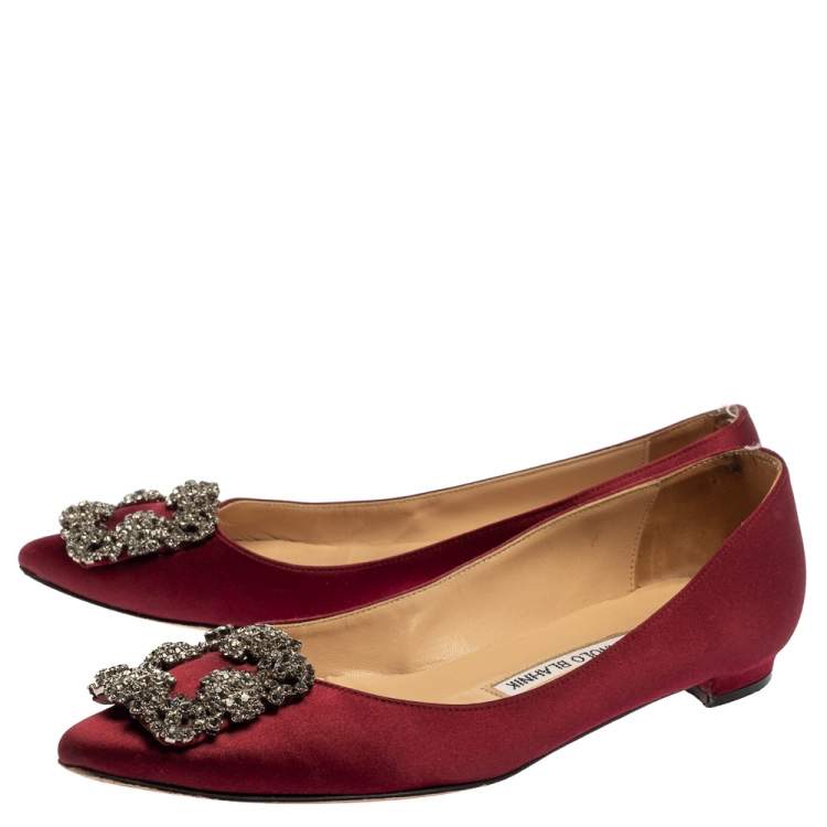 Pre Owned Manolo Blahnik Burgundy Satin Hangisi Flats Size 36