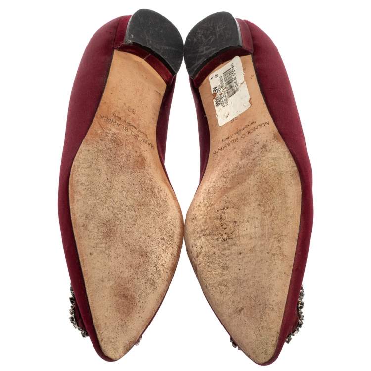 Pre Owned Manolo Blahnik Burgundy Satin Hangisi Flats Size 36