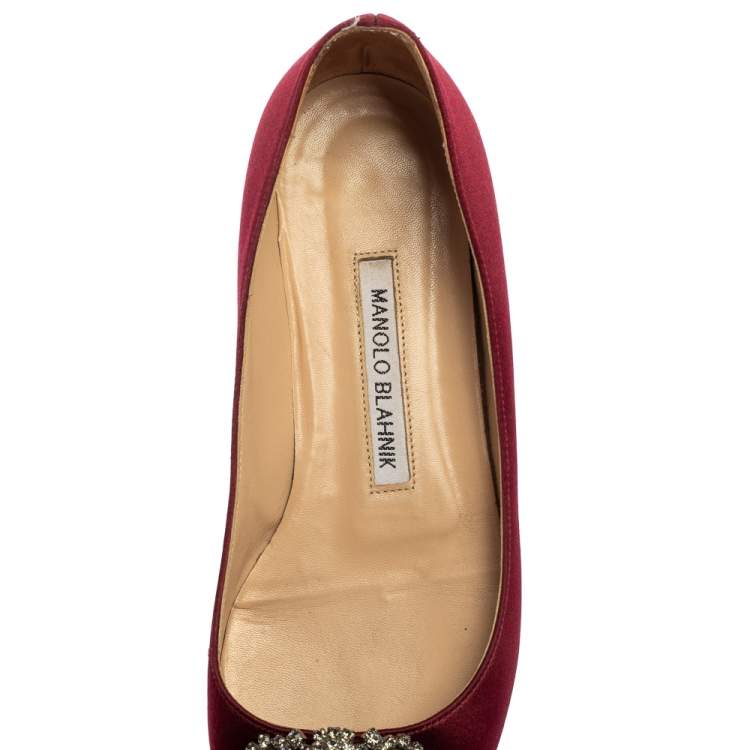 Pre Owned Manolo Blahnik Burgundy Satin Hangisi Flats Size 36