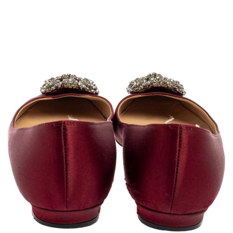 Pre Owned Manolo Blahnik Burgundy Satin Hangisi Flats Size 36