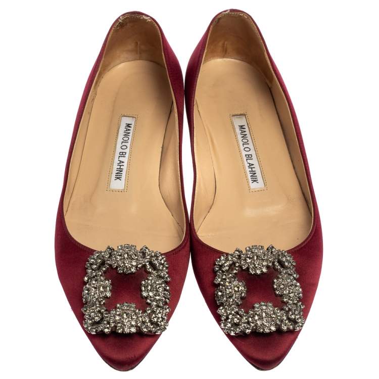 Pre Owned Manolo Blahnik Burgundy Satin Hangisi Flats Size 36