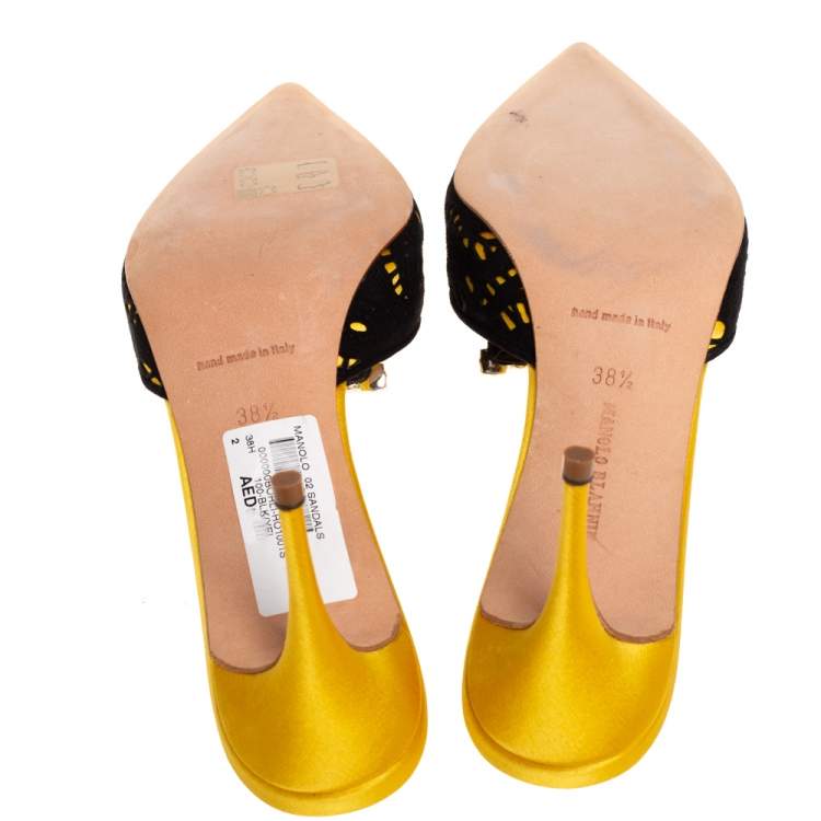 Pre Owned Manolo Blahnik Yellow/Black Satin and Laser Cut Suede Borli Crystal Embellished Mules Size 38.5