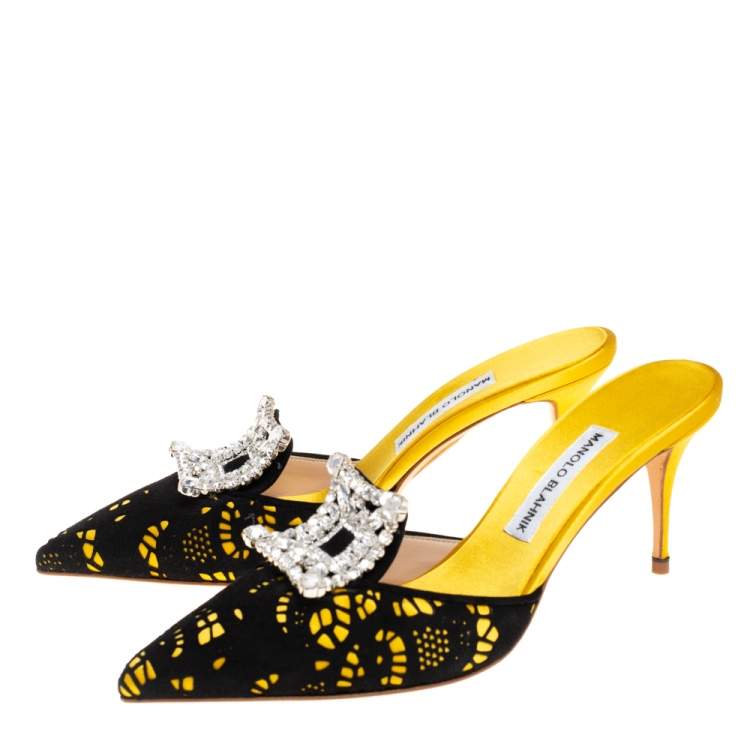 Pre Owned Manolo Blahnik Yellow/Black Satin and Laser Cut Suede Borli Crystal Embellished Mules Size 38.5