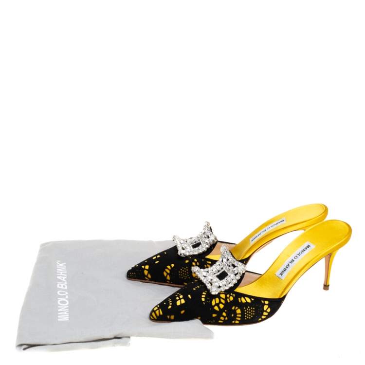 Pre Owned Manolo Blahnik Yellow/Black Satin and Laser Cut Suede Borli Crystal Embellished Mules Size 38.5