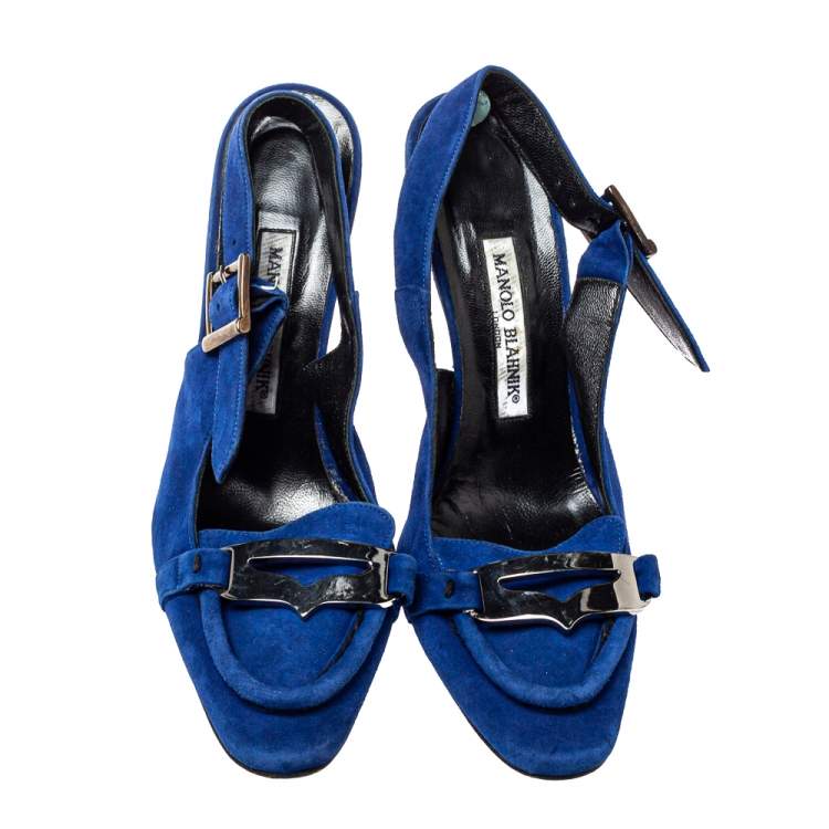 Pre Owned Manolo Blahnik Blue Suede Slingback Sandals Size 39.5