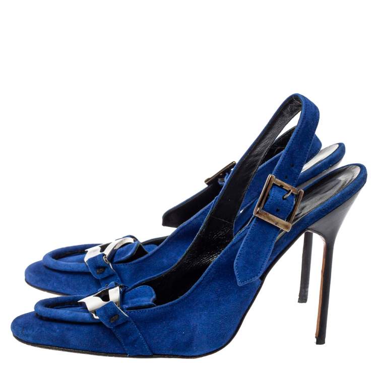 Pre Owned Manolo Blahnik Blue Suede Slingback Sandals Size 39.5