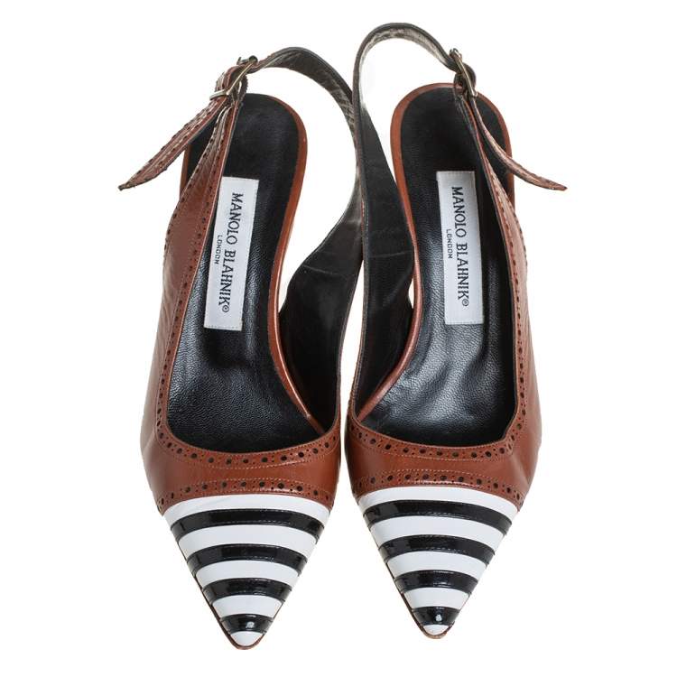 Pre Owned Manolo Blahnik Tricolor Patent And Leather Pointed Toe Sandals Size 37.5
