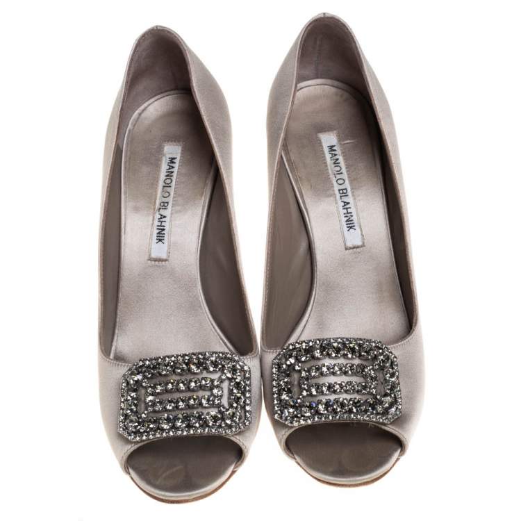 Pre Owned Manolo Blahnik Grey Satin Matik Embellished Peep Toe Pumps Size 37.5