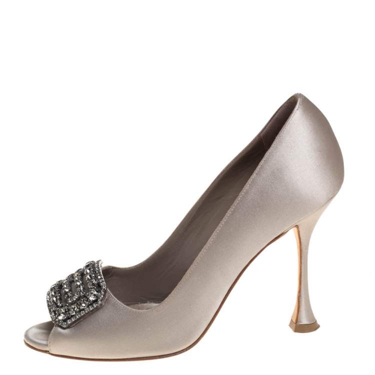 Pre Owned Manolo Blahnik Grey Satin Matik Embellished Peep Toe Pumps Size 37.5