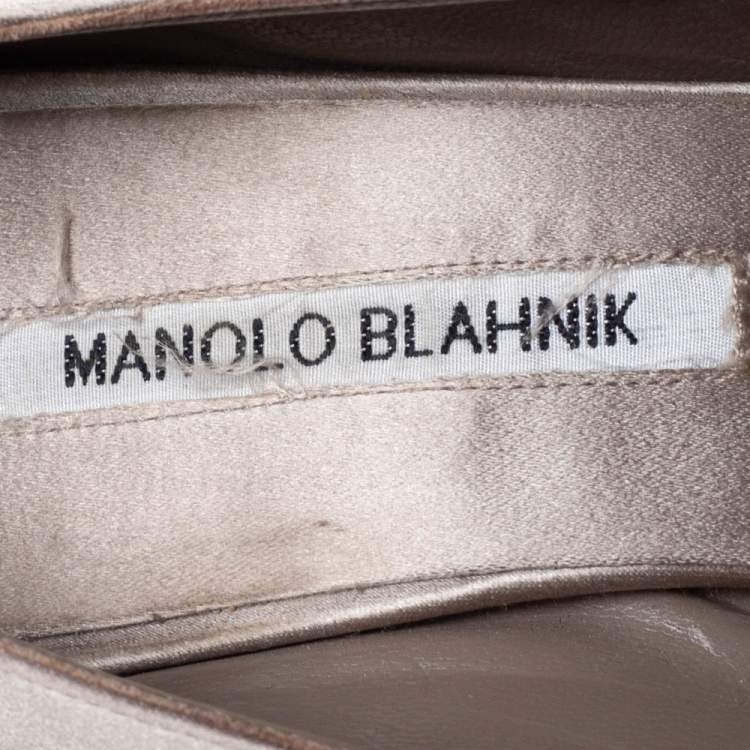 Pre Owned Manolo Blahnik Grey Satin Matik Embellished Peep Toe Pumps Size 37.5