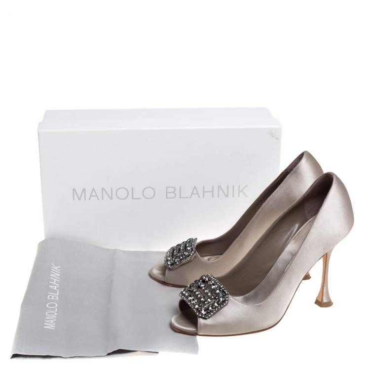Pre Owned Manolo Blahnik Grey Satin Matik Embellished Peep Toe Pumps Size 37.5