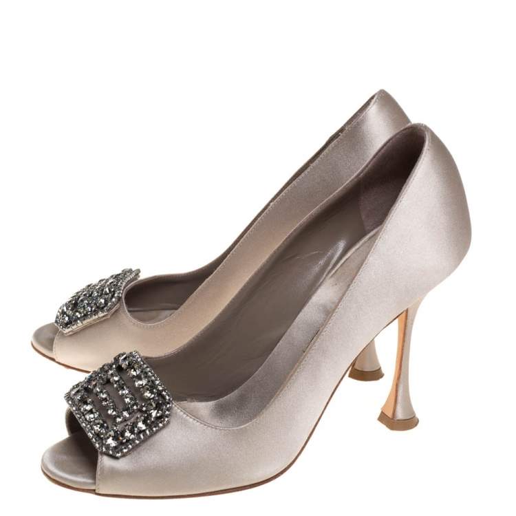 Pre Owned Manolo Blahnik Grey Satin Matik Embellished Peep Toe Pumps Size 37.5