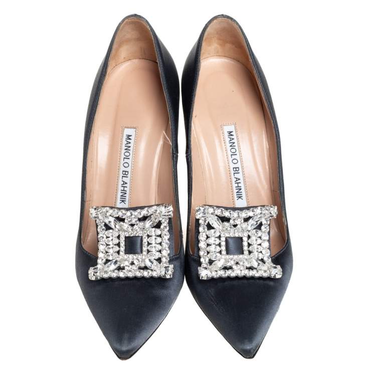 Pre Owned Manolo Blahnik Grey Satin Embellished Borlak Pumps Size 37