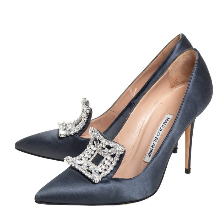 Pre Owned Manolo Blahnik Grey Satin Embellished Borlak Pumps Size 37