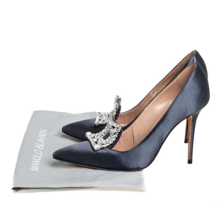 Pre Owned Manolo Blahnik Grey Satin Embellished Borlak Pumps Size 37