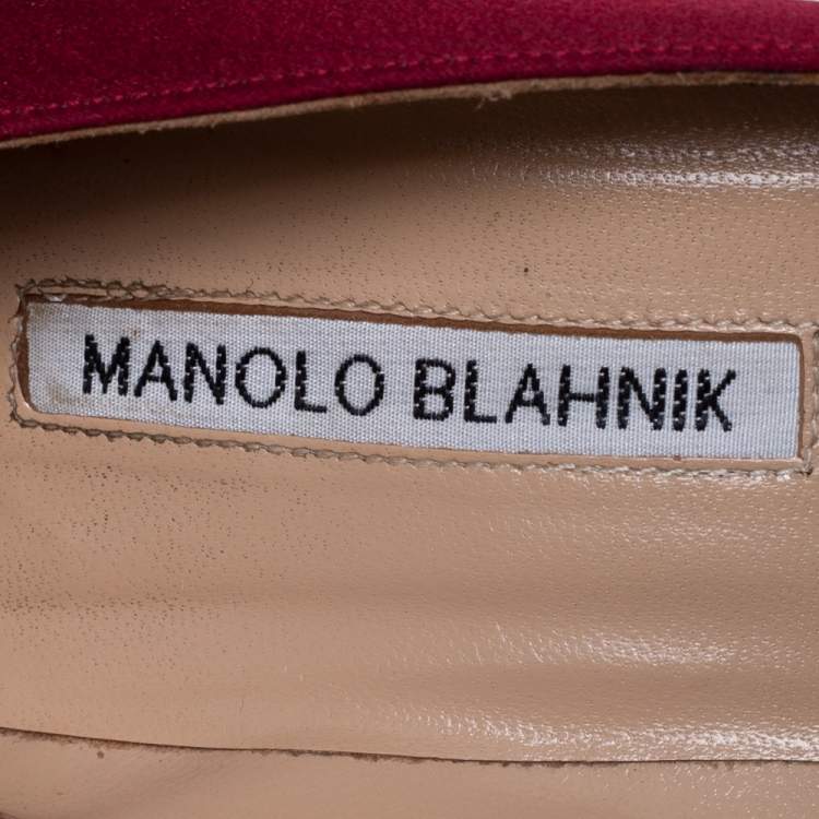 Pre Owned Manolo Blahnik Maroon Satin Hangisi Crystal Embellished Pointed Toe Pumps Size 37.5