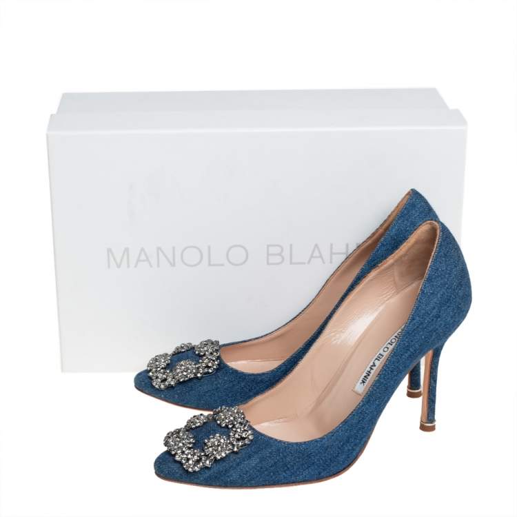 Pre Owned Manolo Blahnik Blue Denim Hangisi Embellished Pointed Toe Pumps Size 36.5