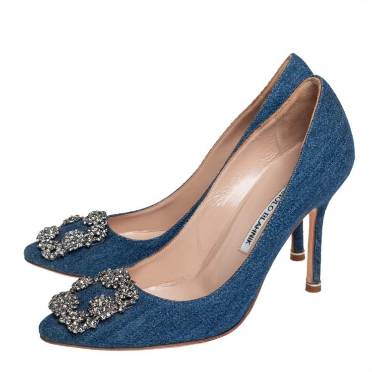 Pre Owned Manolo Blahnik Blue Denim Hangisi Embellished Pointed Toe Pumps Size 36.5