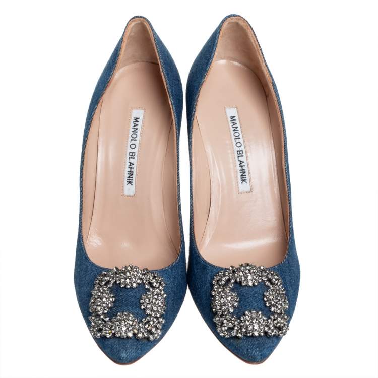 Pre Owned Manolo Blahnik Blue Denim Hangisi Embellished Pointed Toe Pumps Size 36.5