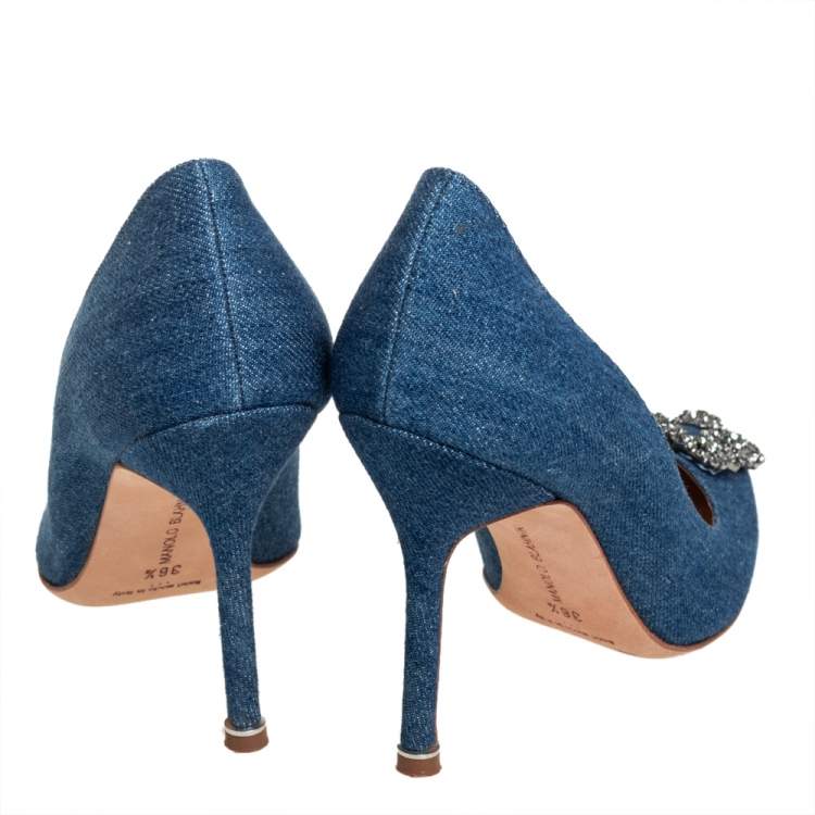 Pre Owned Manolo Blahnik Blue Denim Hangisi Embellished Pointed Toe Pumps Size 36.5