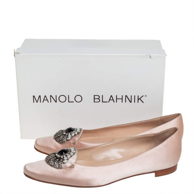 Pre Owned Manolo Blahnik Nude Satin Crystal Embellished Ballet Flats Size 41