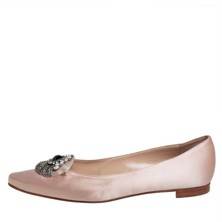 Pre Owned Manolo Blahnik Nude Satin Crystal Embellished Ballet Flats Size 41