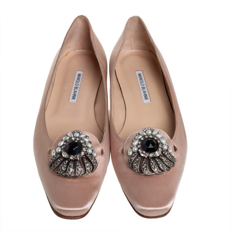 Pre Owned Manolo Blahnik Nude Satin Crystal Embellished Ballet Flats Size 41