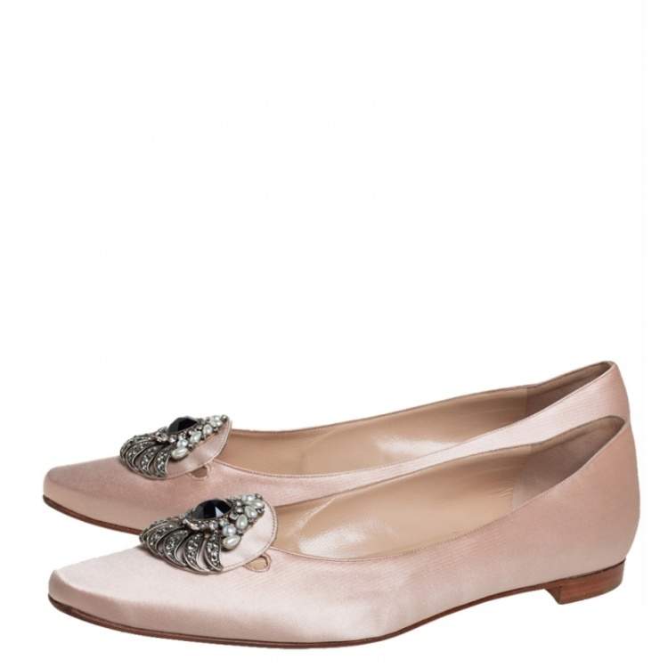 Pre Owned Manolo Blahnik Nude Satin Crystal Embellished Ballet Flats Size 41