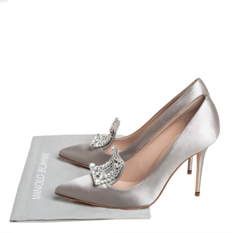 Pre Owned Manolo Blahnik Grey Satin Borlak Embellished Pumps Size 37.5