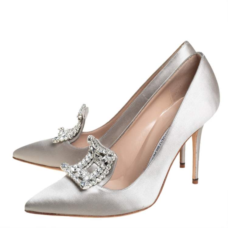Pre Owned Manolo Blahnik Grey Satin Borlak Embellished Pumps Size 37.5