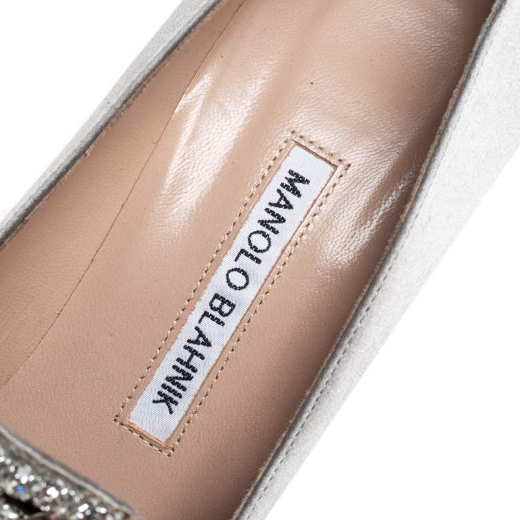 Pre Owned Manolo Blahnik Grey Satin Borlak Embellished Pumps Size 37.5