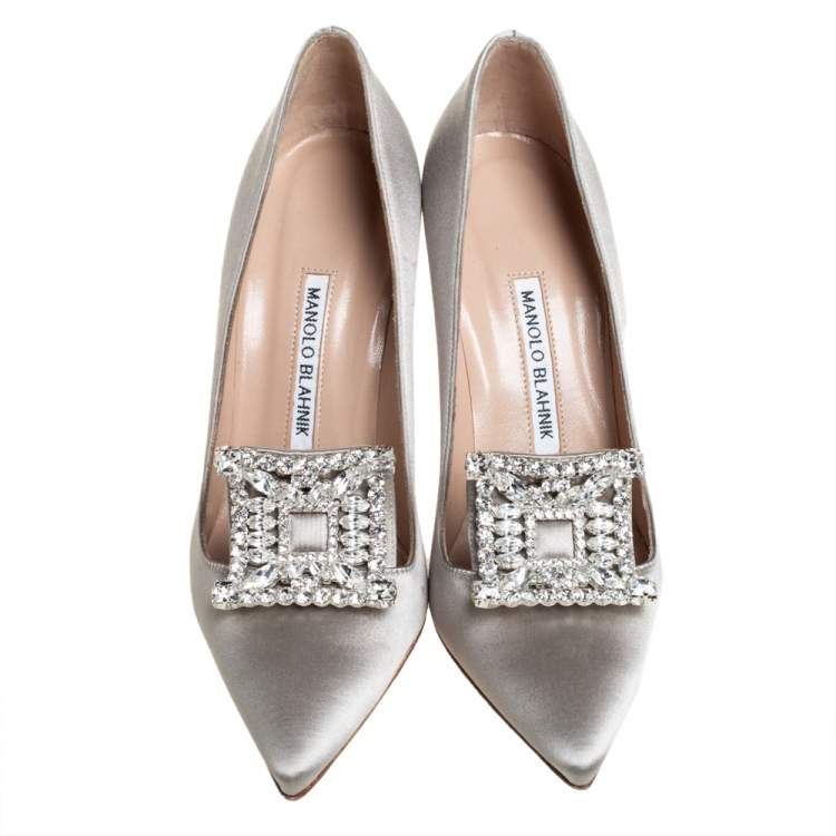 Pre Owned Manolo Blahnik Grey Satin Borlak Embellished Pumps Size 37.5