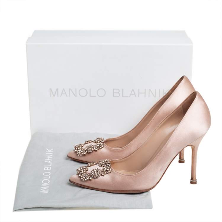 Pre Owned Manolo Blahnik Beige Satin Hangisi Embellished Pointed Toe Pumps Size 36.5