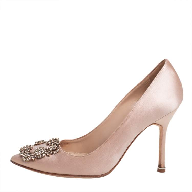 Pre Owned Manolo Blahnik Beige Satin Hangisi Embellished Pointed Toe Pumps Size 36.5