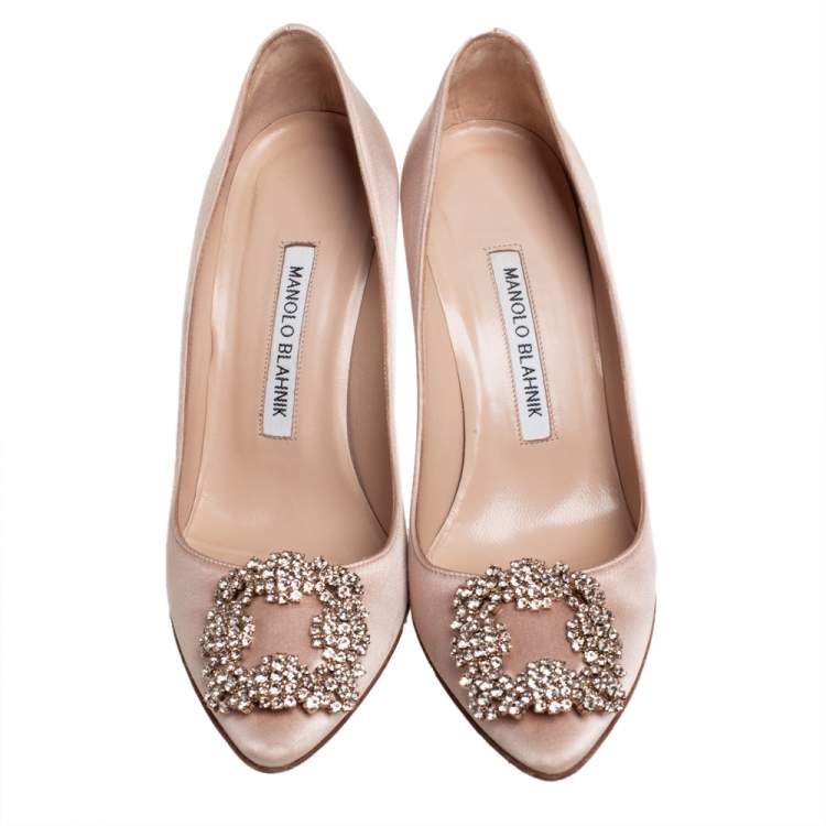 Pre Owned Manolo Blahnik Beige Satin Hangisi Embellished Pointed Toe Pumps Size 36.5