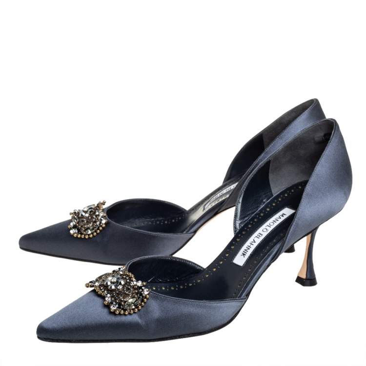 Pre Owned Manolo Blahnik Blue Satin Crystal Embellished Pumps Size 40.5