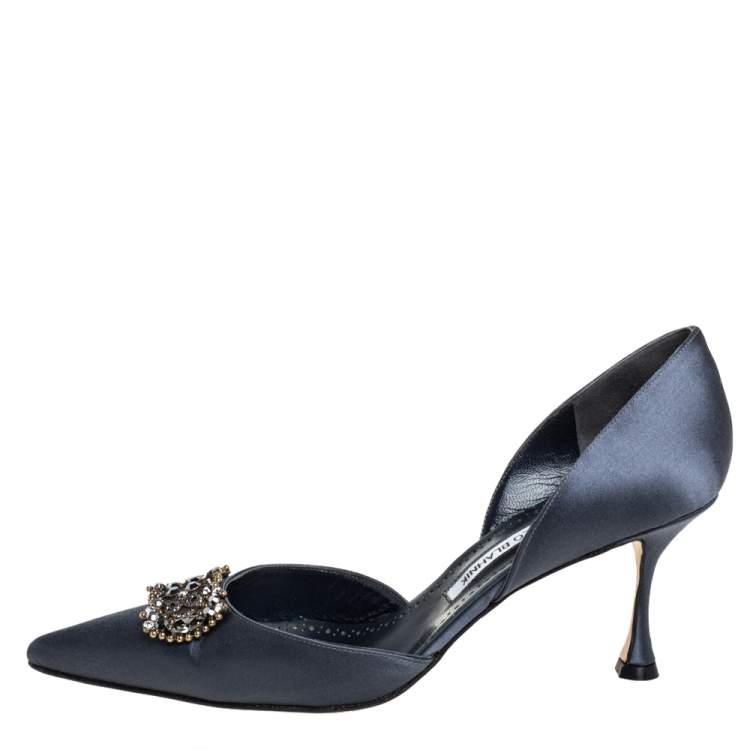 Pre Owned Manolo Blahnik Blue Satin Crystal Embellished Pumps Size 40.5