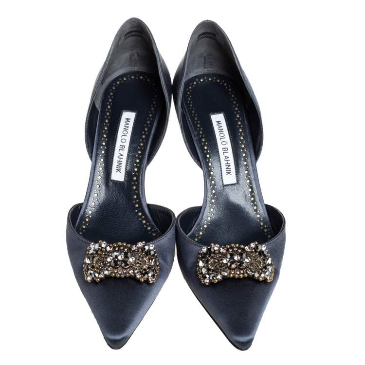 Pre Owned Manolo Blahnik Blue Satin Crystal Embellished Pumps Size 40.5