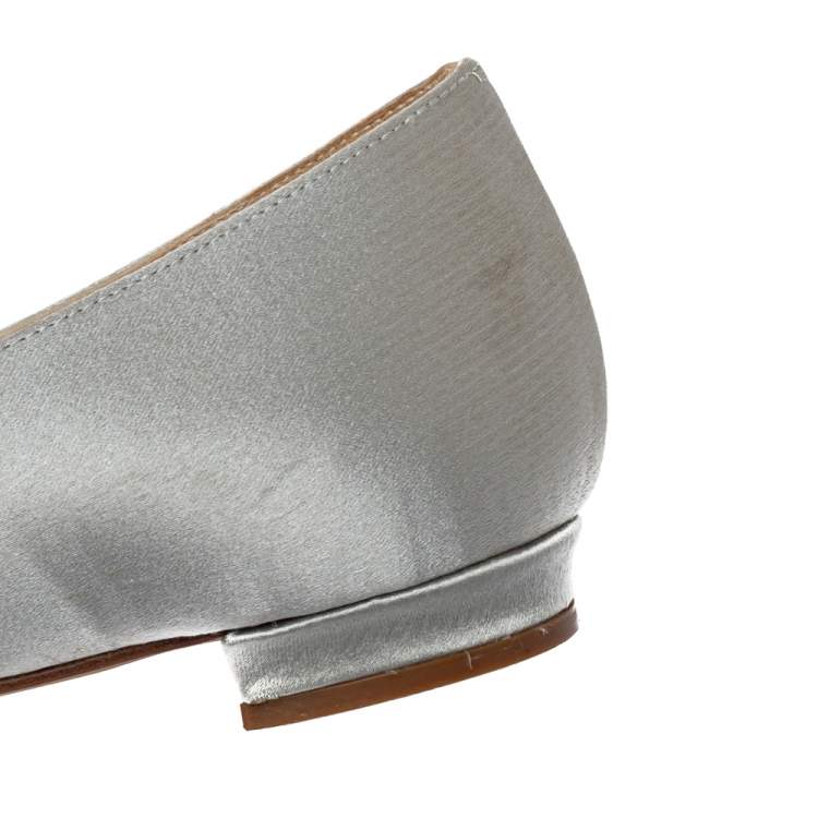Pre Owned Manolo Blahnik Grey Satin Hangisi Crystal Embellished Ballet Flats Size 37