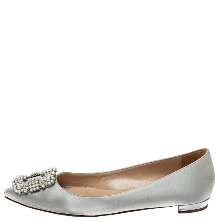 Pre Owned Manolo Blahnik Grey Satin Hangisi Crystal Embellished Ballet Flats Size 37