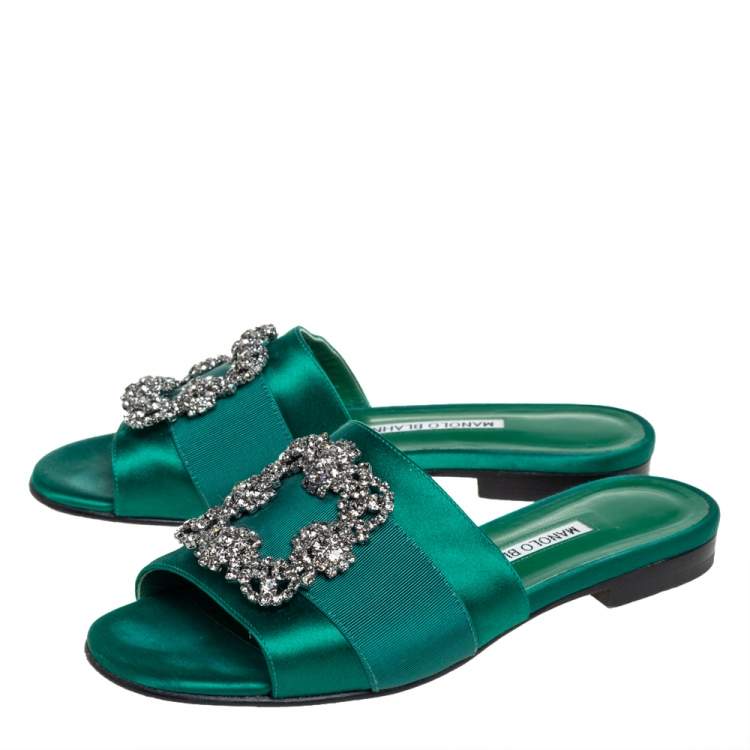 Pre Owned Manolo Blahnik Green Satin Crystal Martamod Flat Sandals size 37