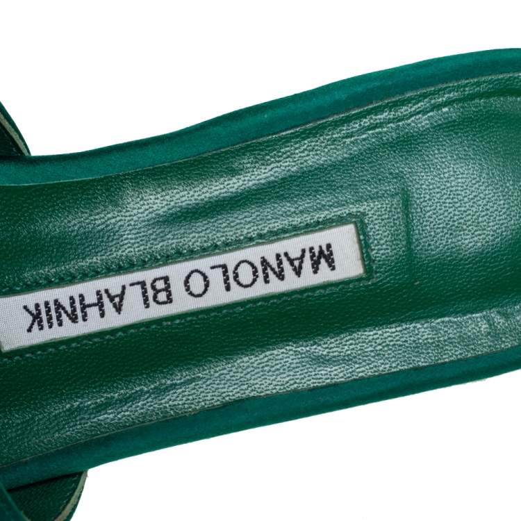 Pre Owned Manolo Blahnik Green Satin Crystal Martamod Flat Sandals size 37