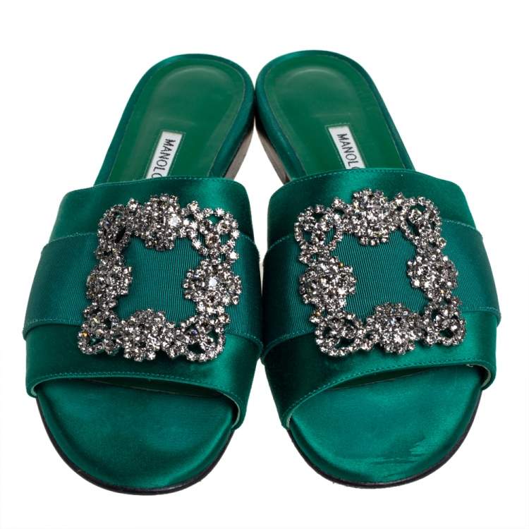 Pre Owned Manolo Blahnik Green Satin Crystal Martamod Flat Sandals size 37
