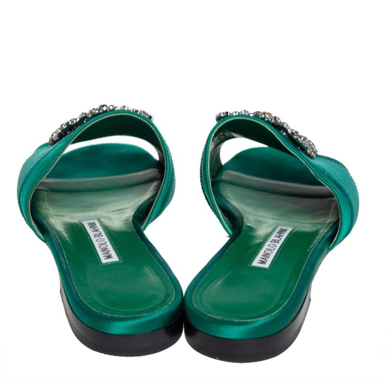 Pre Owned Manolo Blahnik Green Satin Crystal Martamod Flat Sandals size 37
