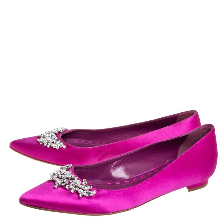 Pre Owned Manolo Blahnik Fuchsia Satin Lurum Embellished Ballet Flats Size 37