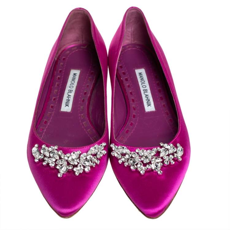 Pre Owned Manolo Blahnik Fuchsia Satin Lurum Embellished Ballet Flats Size 37