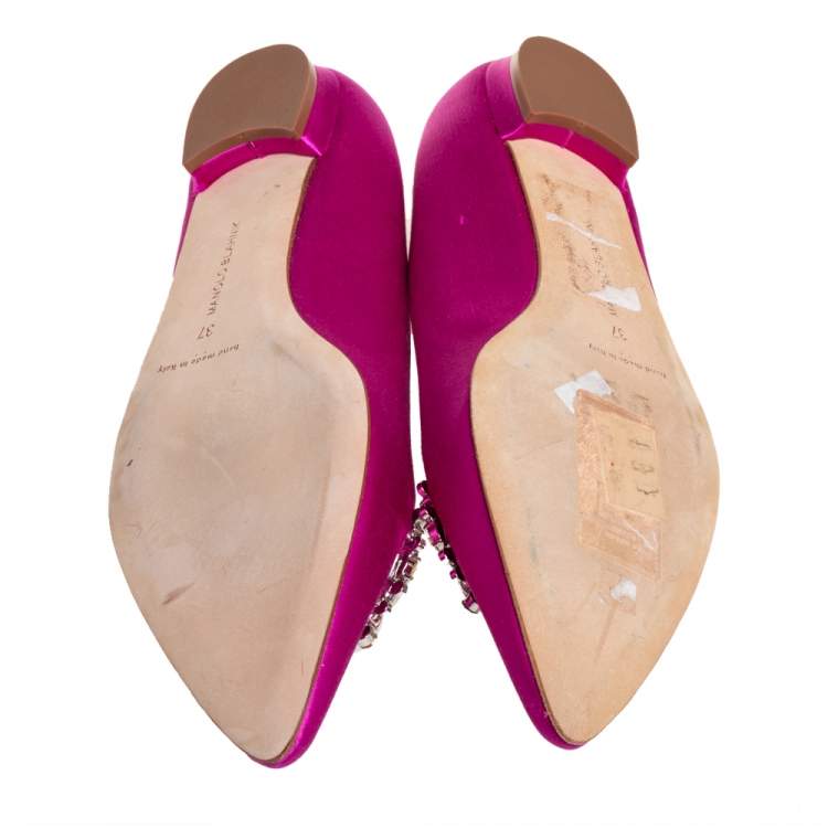 Pre Owned Manolo Blahnik Fuchsia Satin Lurum Embellished Ballet Flats Size 37