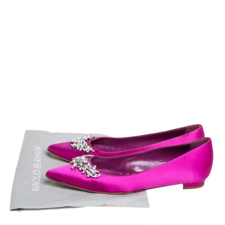 Pre Owned Manolo Blahnik Fuchsia Satin Lurum Embellished Ballet Flats Size 37