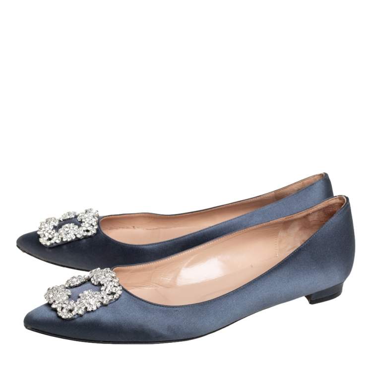 Pre Owned Manolo Blahnik Grey Satin Hangisi Ballet Flats Size 39.5
